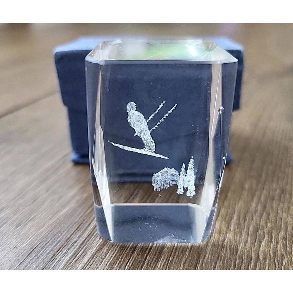 Crystal Glass 3D Laser Etched Cube Tower Paperweight / Jumping Alpine Skier